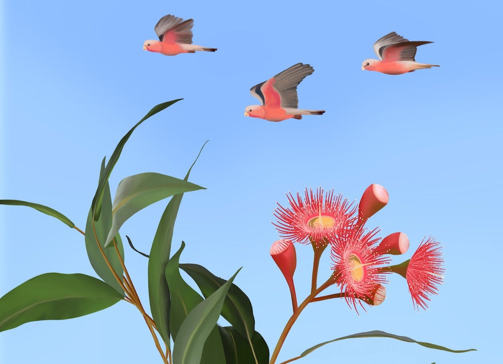 Vase with flowers and leaves on a windowsill with birds flying above